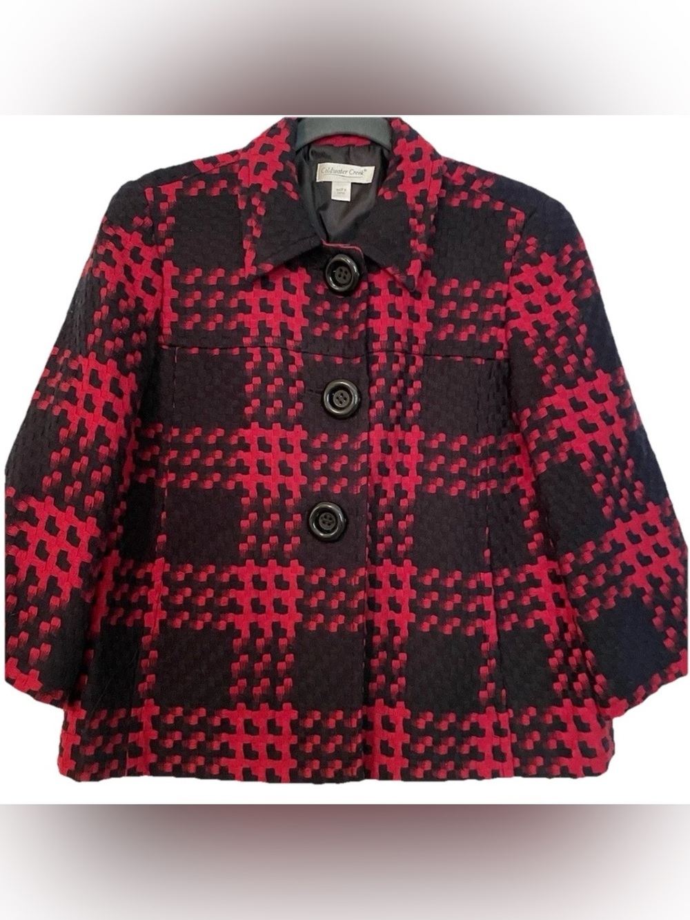 Coldwater Creek Red and Black Plaid Button Front Tweed Jacket Size 14